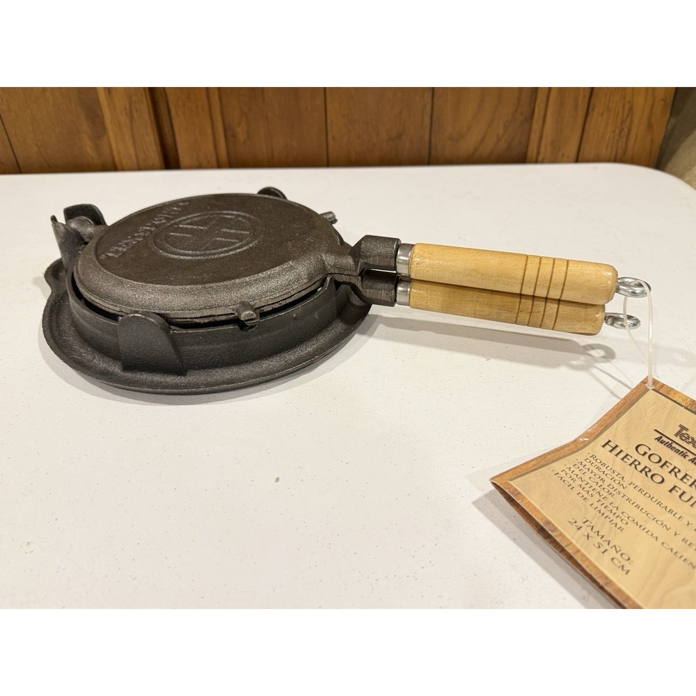 Cast Iron Waffle Maker Gas Stove / Camping Grill Heavy Duty Round Wood Handles - Picture 7 of 9